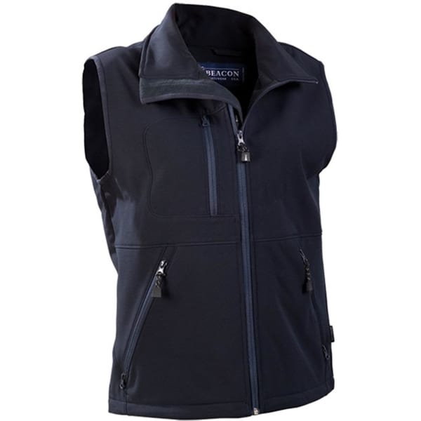 A men's softshell vest in dark grey with multiple zippered pockets and a high collar, featuring a logo.