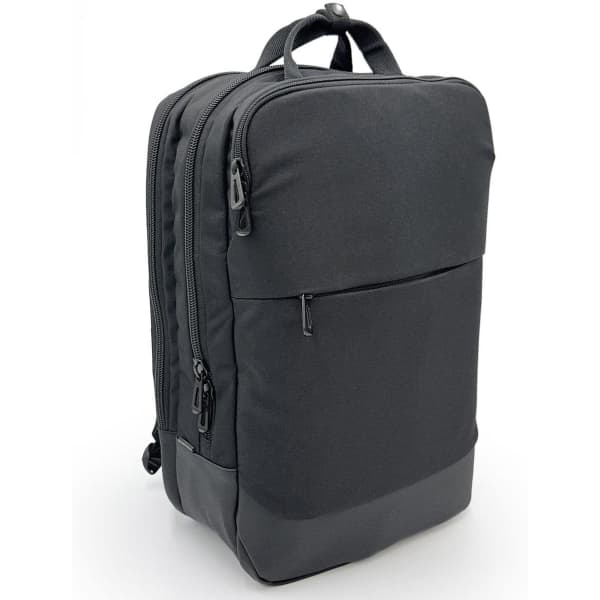 A sleek black laptop bag with multiple zippers and a front pocket, featuring a minimalist design and branding.