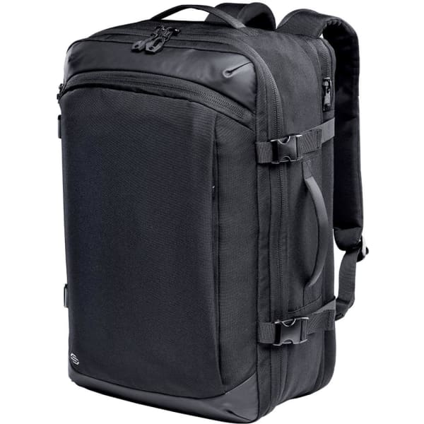 A black travel backpack featuring multiple compartments, adjustable straps, and a durable design. It has a logo on it.