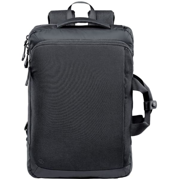 A black computer backpack with a sleek design, featuring padded straps and a carry handle. It has a logo on the front.