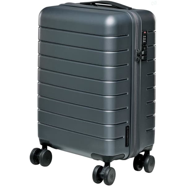 A grey wheeled carry-on suitcase with a textured exterior and four wheels for easy mobility.