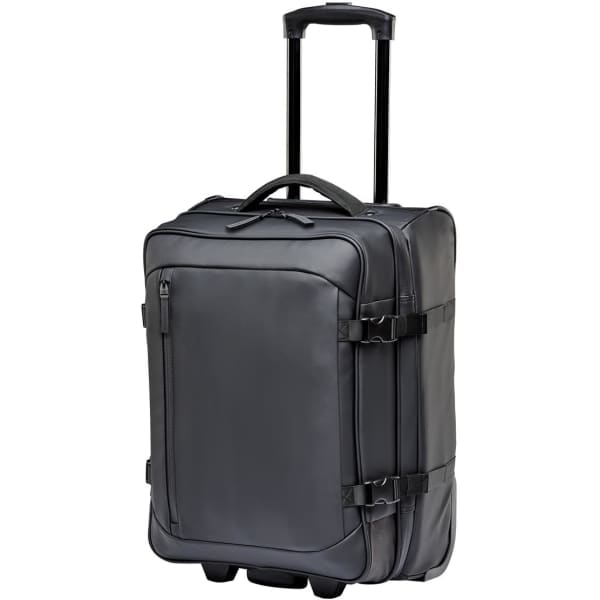 A black wheeled carry-on suitcase with a retractable handle and side straps, featuring a logo on the front.