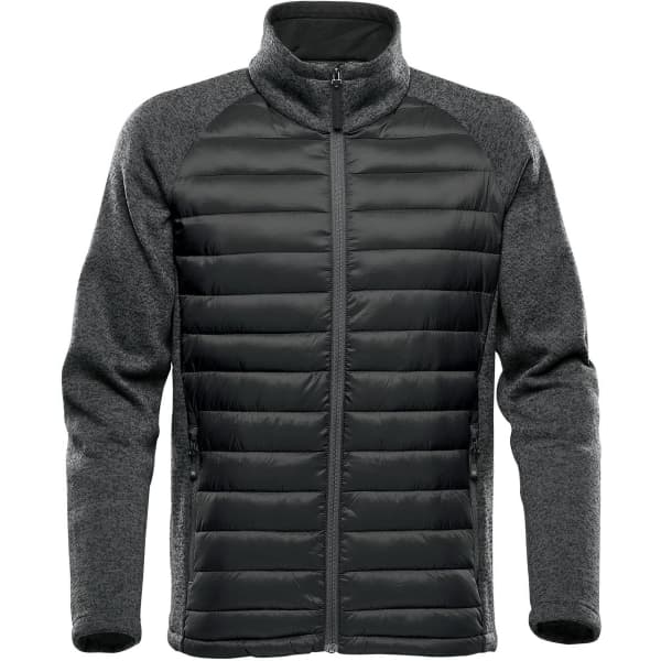 A men's hybrid jacket in dark grey with a quilted front and knit sleeves. Features a full zip and two side pockets.
