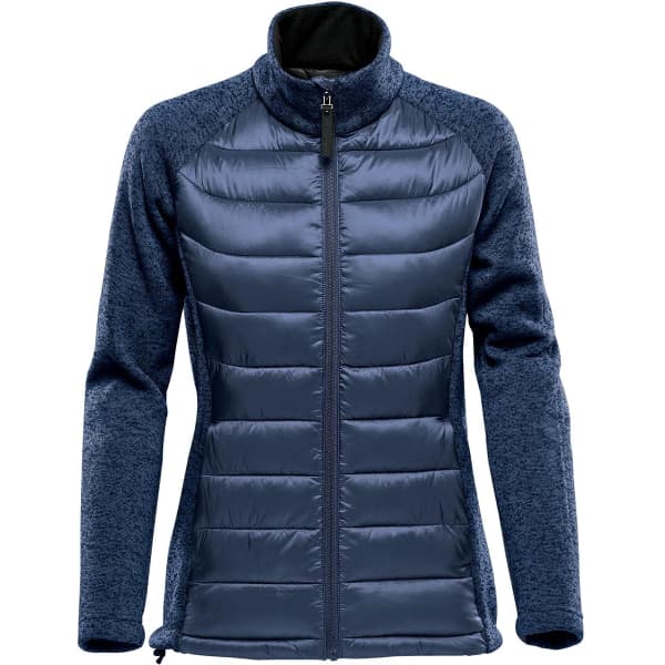 A women's hybrid jacket in navy blue with a mix of padded and soft fabric textures, featuring a high collar and zip closure.