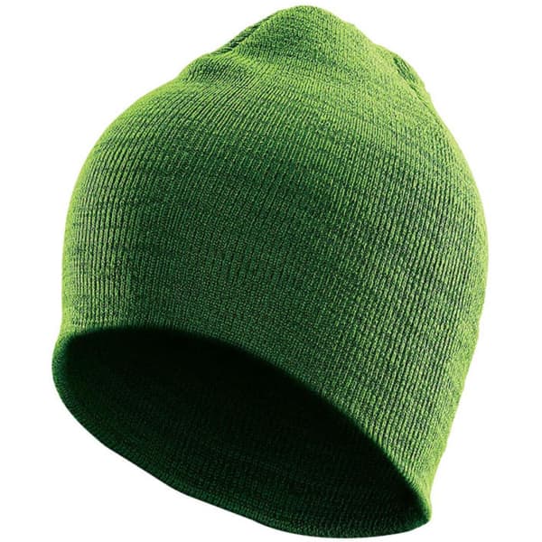 A green knit beanie with a snug fit, featuring a simple design and a logo.