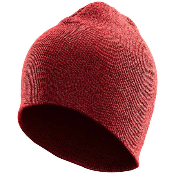 A red knit beanie with a soft texture and a snug fit, featuring a small branding logo.