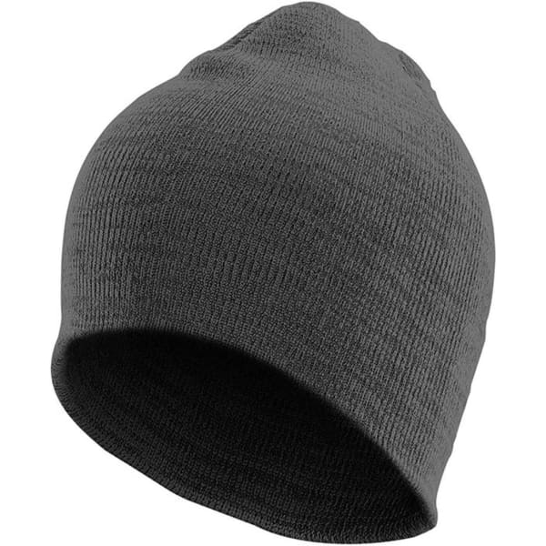 A dark grey knit beanie with a simple design and a folded brim, featuring a logo.