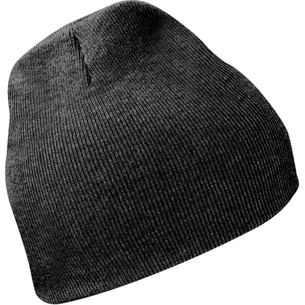 A black knitted beanie with a tapered design and a logo. Ideal for cold weather accessories.