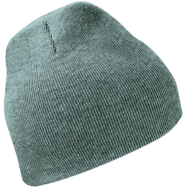A green knit beanie made from soft fabric with a fitted design and a subtle logo.