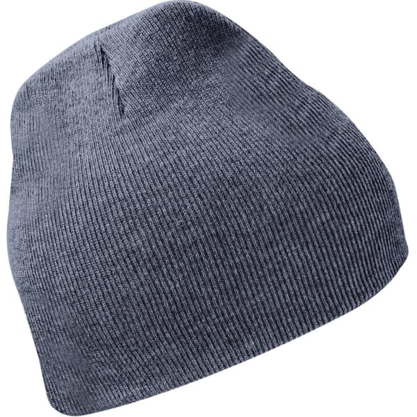 A dark grey knit beanie featuring a snug fit and a ribbed texture, complete with a logo.