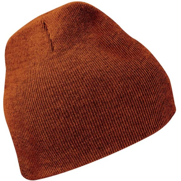 An orange knit beanie with a ribbed texture and a slight slouch at the top. It features a branding logo.