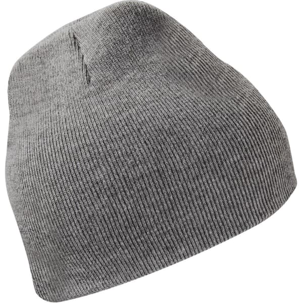 A grey knit beanie with a fitted design, featuring a logo on the side.