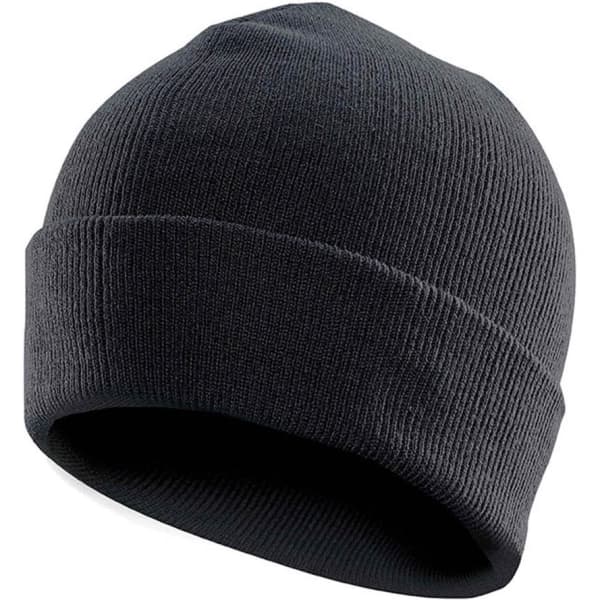 A black knit beanie with a ribbed texture and a folded cuff, featuring a branding logo.