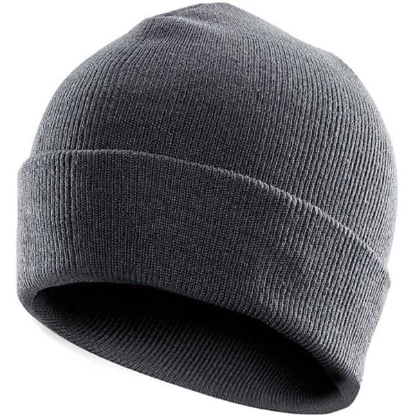 A dark grey knit beanie with a turned-up cuff and subtle branding.
