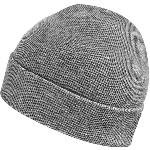 A grey knit beanie featuring a snug fit and a simple design. Includes a logo on the side.