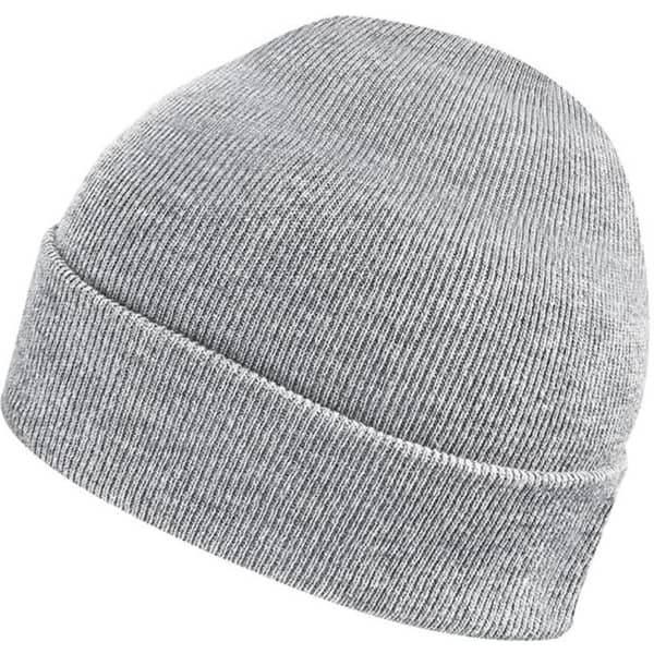 A grey knit beanie with a simple design and a branding logo on the side.