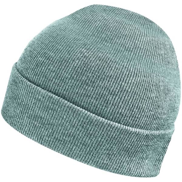 A green knit beanie with a folded cuff and a textured finish, featuring a small logo.