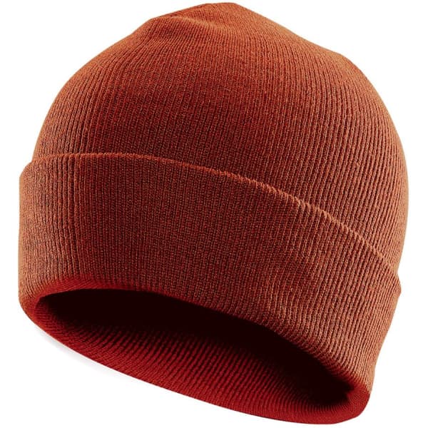 An orange knit beanie featuring a snug fit and a turned-up cuff, with a logo on the side.