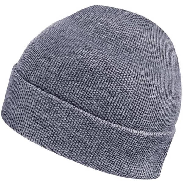 A grey knit beanie with a snug fit and a small logo. Perfect for colder weather accessories.