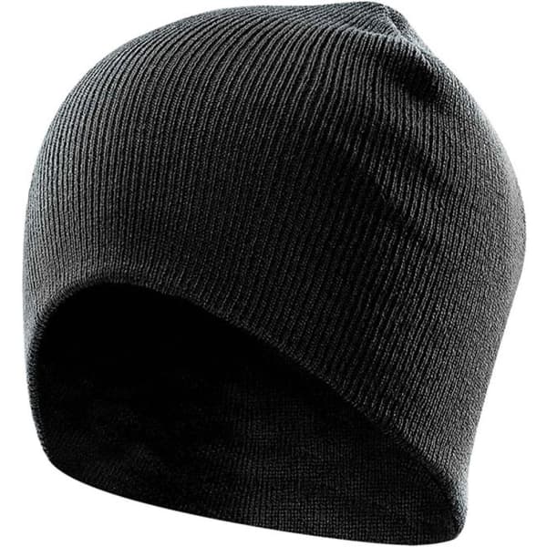 A black knit beanie with a snug fit and no visible branding. Ideal for headwear.