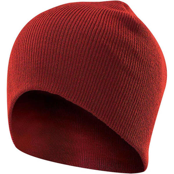 A red knit beanie with a snug fit and soft texture, featuring a branding logo on the side.