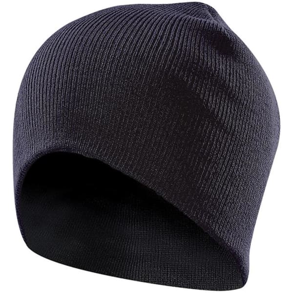 A dark navy beanie with a ribbed texture and an interior lining, featuring a logo on the side.