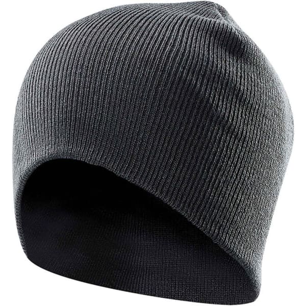 A grey knit beanie with a snug fit and a simple design, featuring a logo on one side.