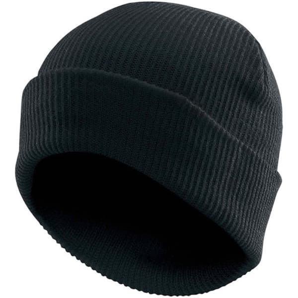 A vintage knit beanie in black with a ribbed texture. It features a logo on the exterior.