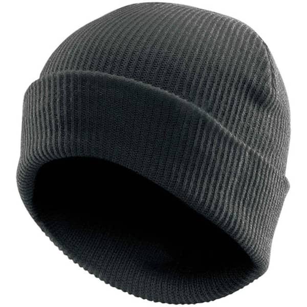 A vintage knit beanie in dark grey featuring a ribbed texture and a snug fit. It has a branding logo.