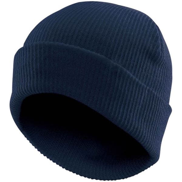 A vintage knit beanie in navy blue with a ribbed texture and a folded cuff. It features a logo.