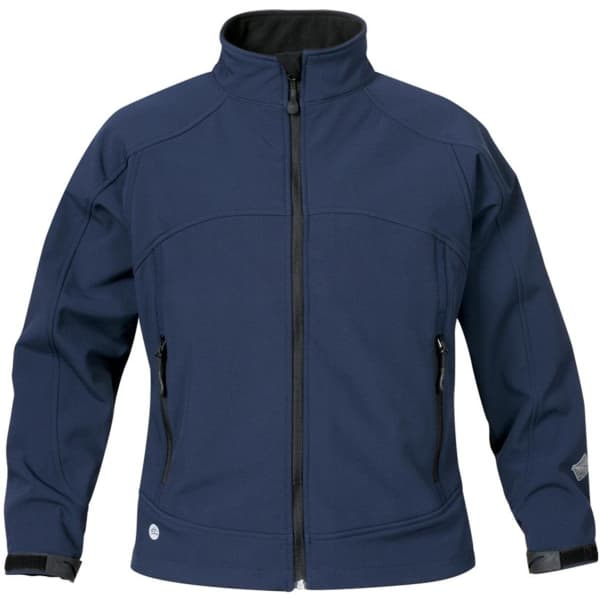 A navy blue women's jacket with a zip front, two side pockets, and a soft lining. It features a logo on the front.