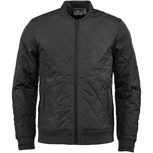 A black thermal jacket with a quilted pattern, featuring a front zip and ribbed cuffs and hem. Includes branding.