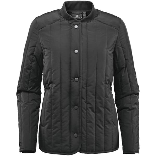 A black women's thermal jacket featuring a quilted design and snap button closure, with a logo on the chest.