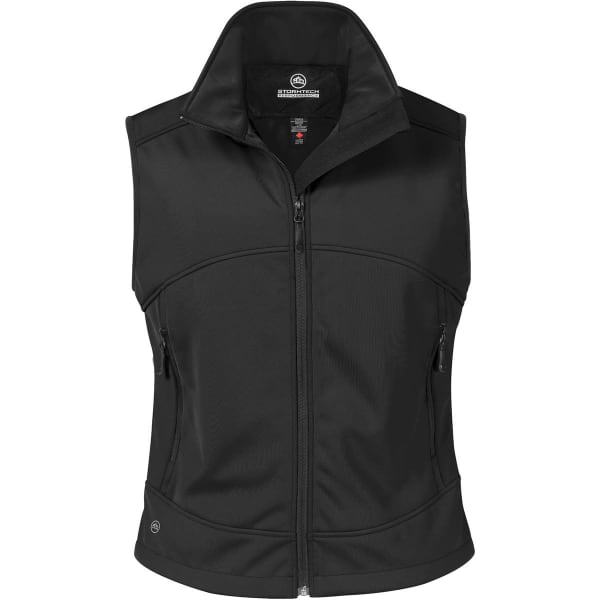 A black women's vest with a high collar, featuring zippered pockets and a logo.