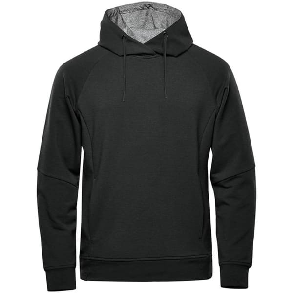 A dark green men's hoody with a drawstring hood and raglan sleeves, featuring a logo.