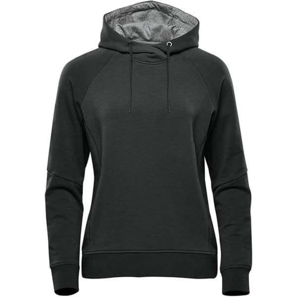 A women's dark green performance hoodie with a drawstring hood and a logo. Suitable for casual wear.