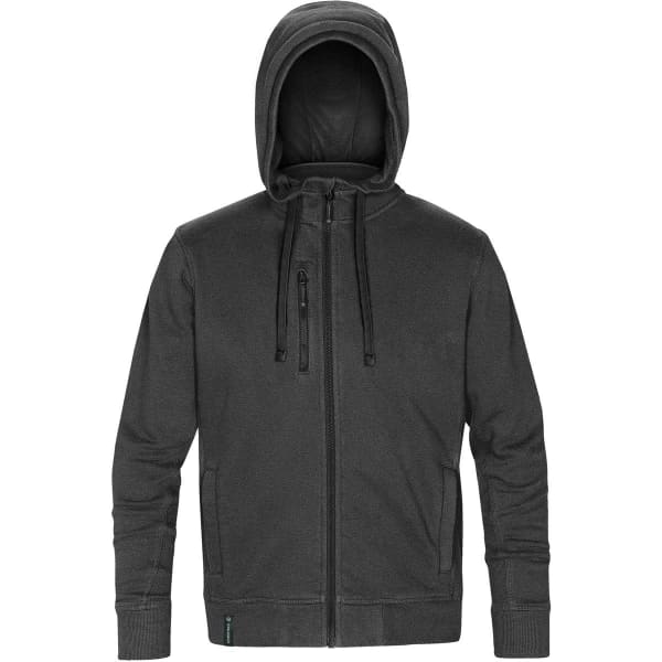 A grey full-zip hoodie featuring a hood and front zip pockets, with a logo on the side.
