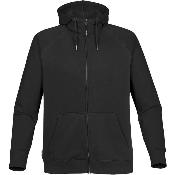 A black zip-up hoodie featuring a hood, front pockets, and raglan sleeves, with a logo on the side.