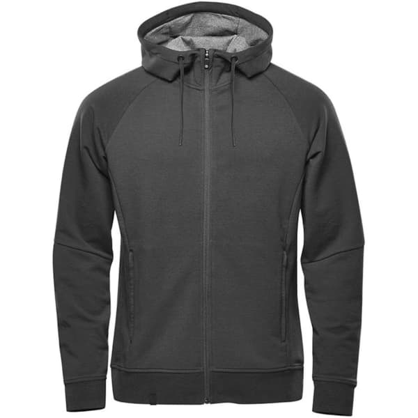 Men's Dockyard Performance Full Zip Hoody in dark grey, featuring a hood and a logo. Ideal for casual wear.