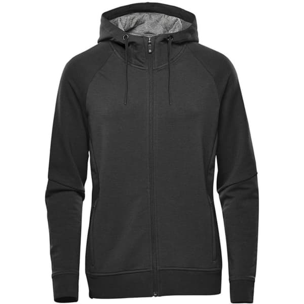 A black women's full zip hoodie with a hood and raglan sleeves, featuring a logo on the front.