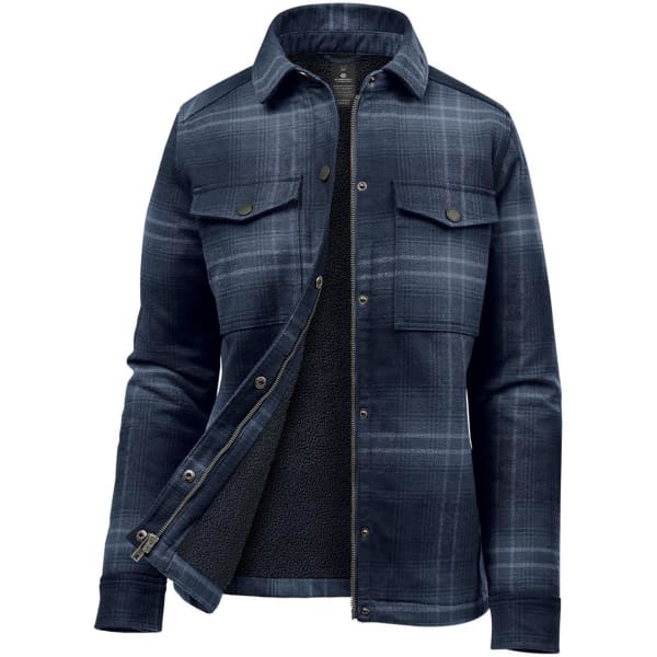 A women's plaid jacket in navy blue, featuring a Sherpa lining and two chest pockets. It has a branded logo.