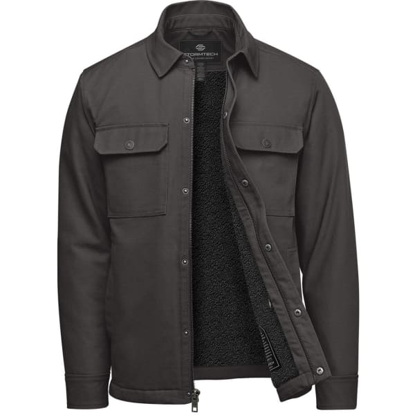 A men's oxford grey jacket with a sherpa lining, featuring two chest pockets and a zip-front opening.
