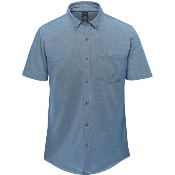 A short-sleeve knit shirt in shades of blue, featuring a button-up front and a chest pocket. It has a logo.