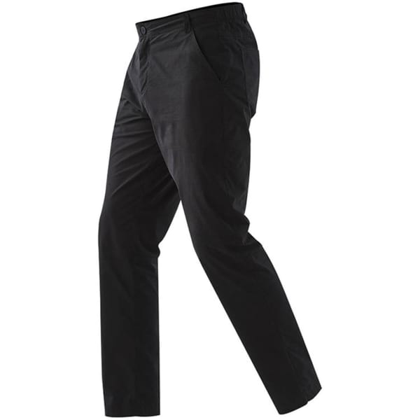 A pair of black performance track pants featuring pockets and an elastic waistband. Includes a logo.