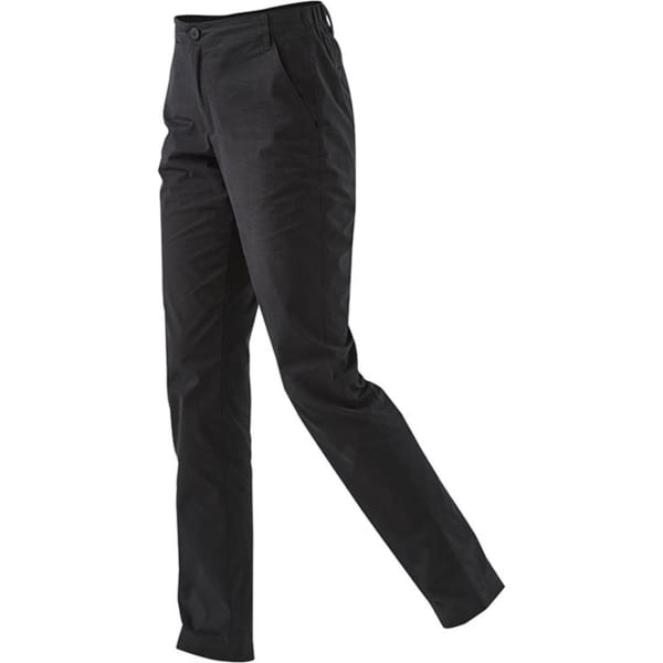 A pair of black track pants with a smooth texture and front pockets, featuring a logo.