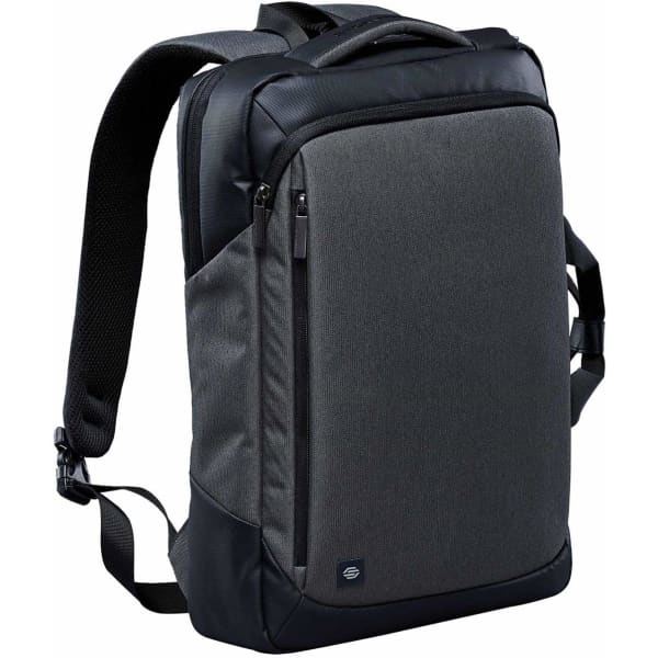 A sleek grey laptop backpack featuring multiple zippered compartments and a padded back panel. It has a logo on the front.