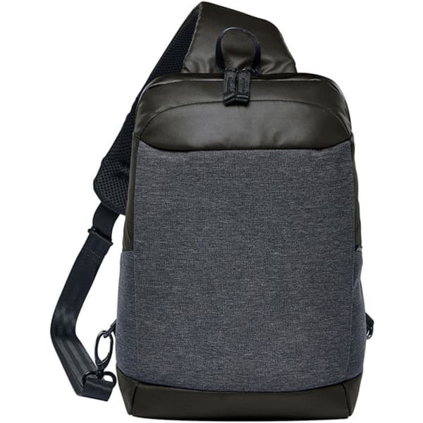 A slate grey and black sling backpack featuring a single adjustable strap and a logo.