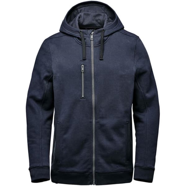 A navy men's fleece hoody featuring a zip front, two side pockets, and an adjustable hood. It includes branding details.