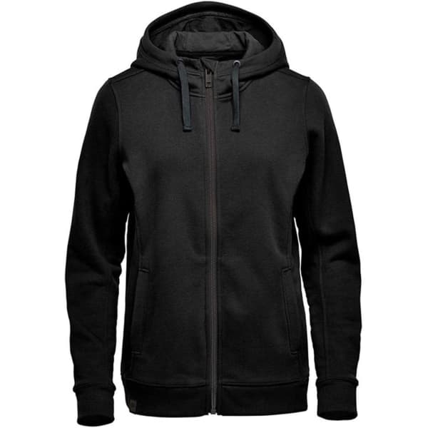 A black women's fleece hoody with a zip-up front and drawstring hood, featuring a branded logo.