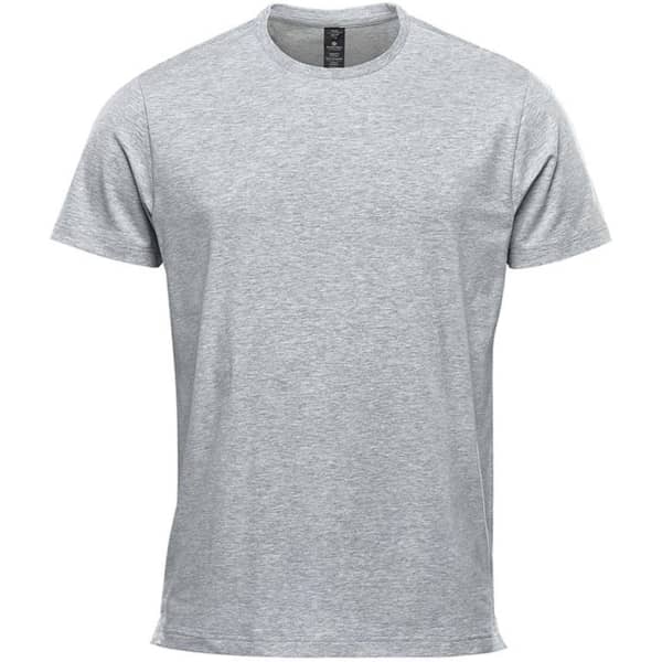A grey short sleeve tee with a round neckline and a logo on the label. Suitable for casual wear.